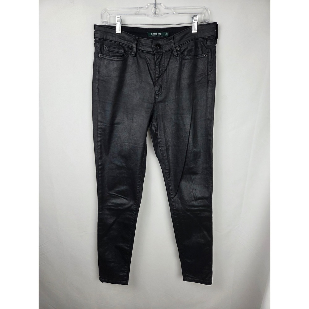 Lauren Ralph Lauren Premier Skinny Ankle Jeans 8 Black Waxed Denim Pants Glam